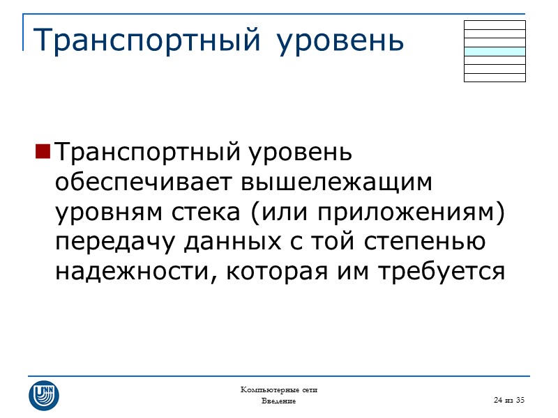 Компьютерные сети Введение 24 из 35 Транспортный уровень  Транспортный уровень обеспечивает вышележащим уровням